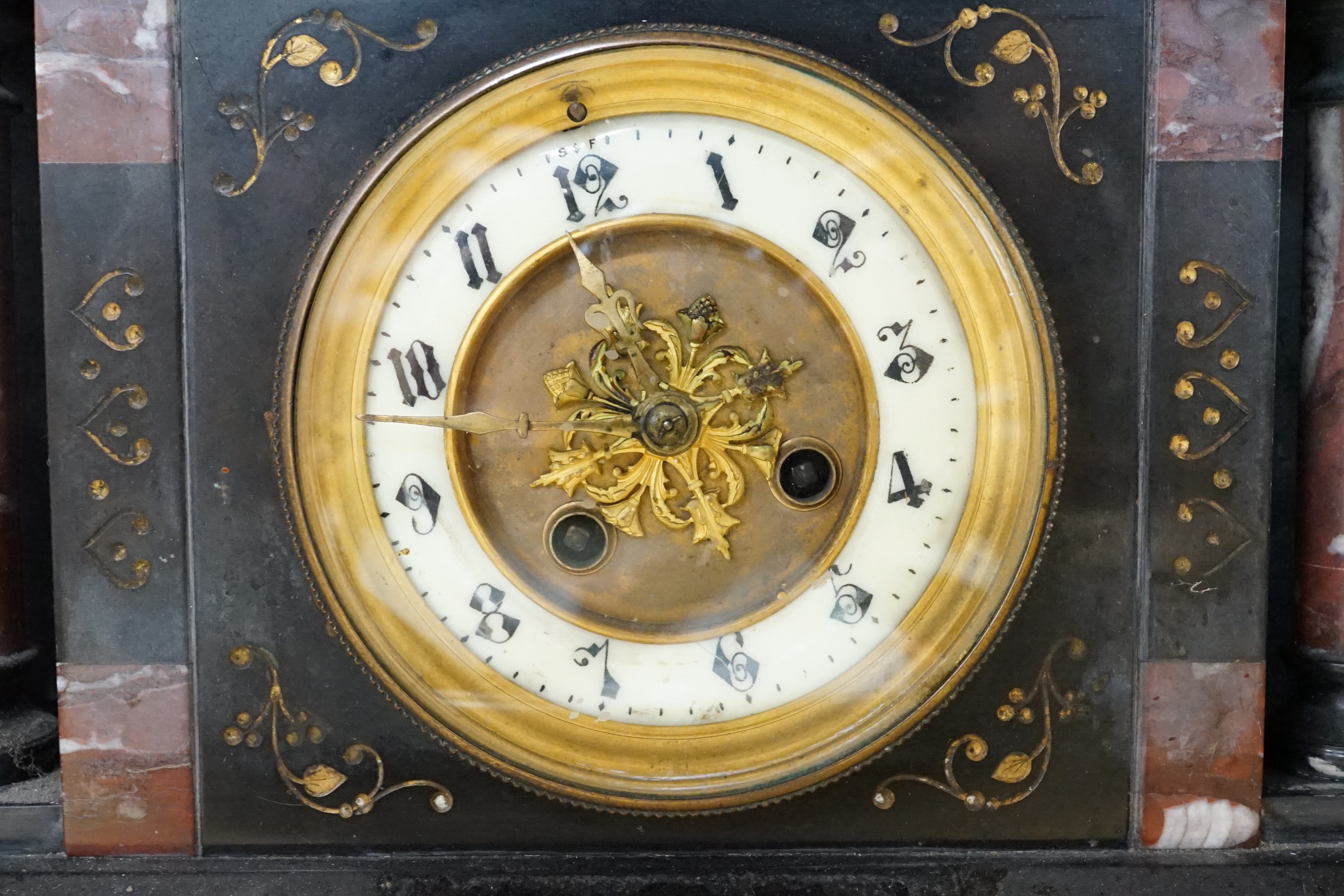 A slate and marble mantel clock, 36cm high